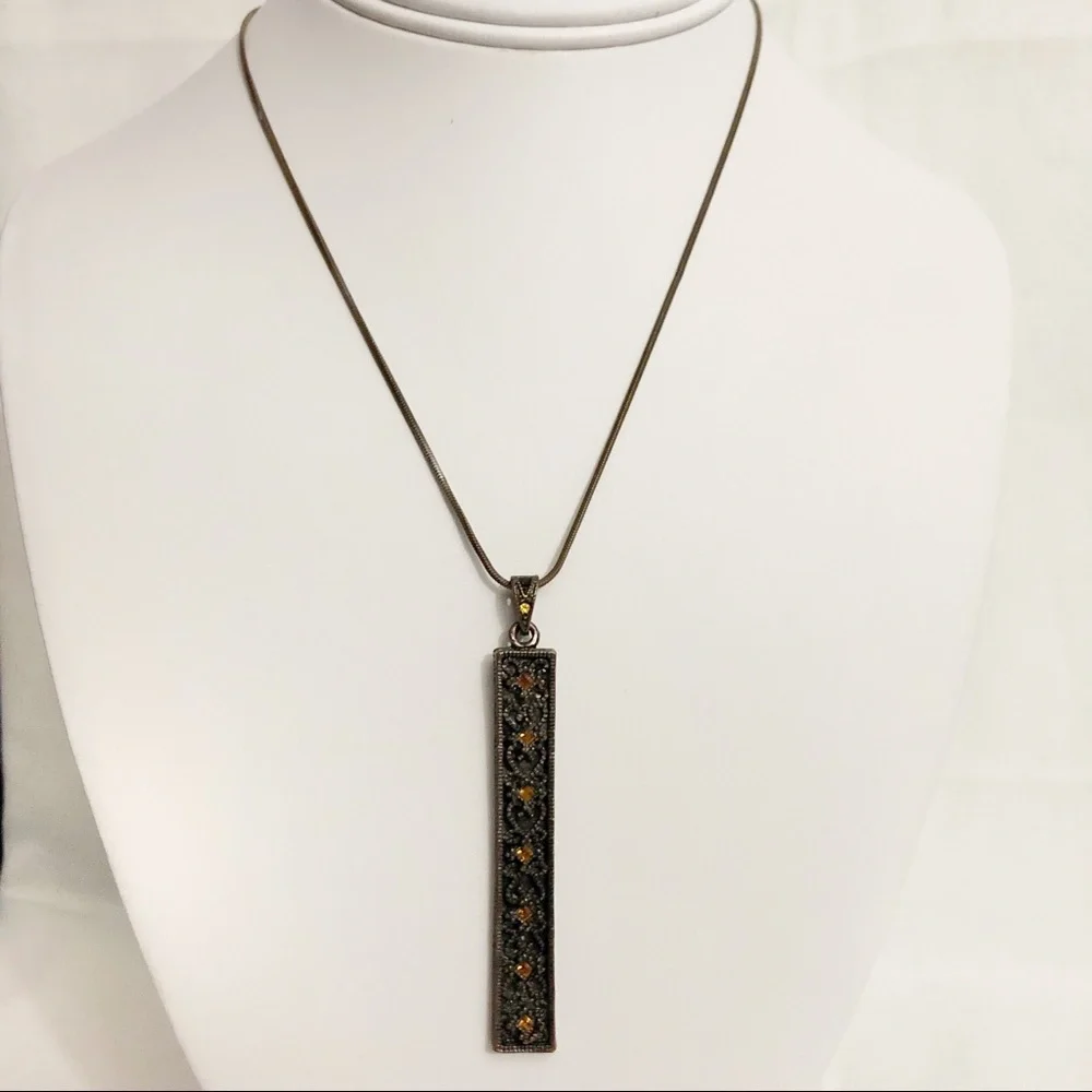Rectangle Bar Pendant Necklace Amber Rhinestones - Picture 4 of 5